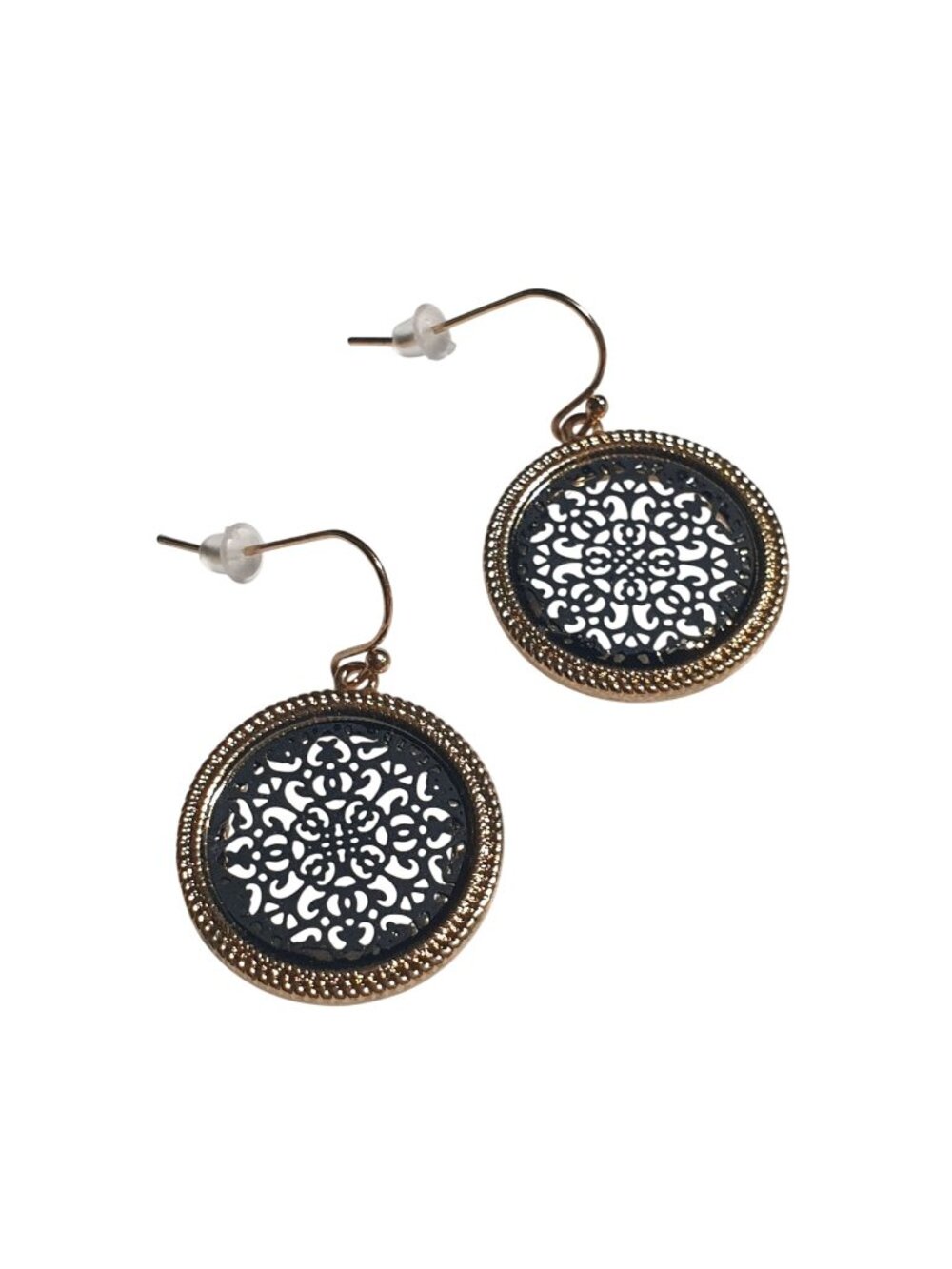 Gold Black Filigree Round Dangle Earrings Lightweight 1.5 In Vintage Jewelry